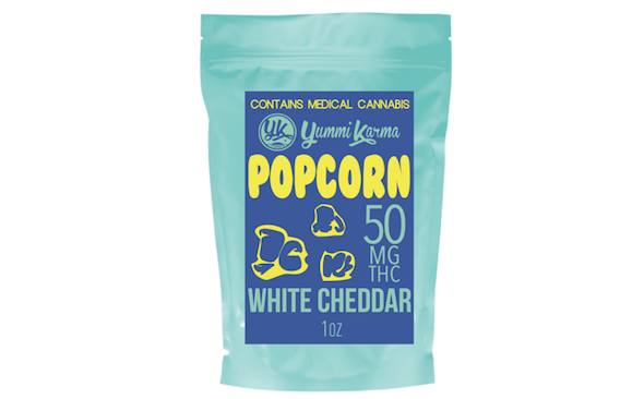 Cannabis-infused while cheddar popcorn from Yummi Karma